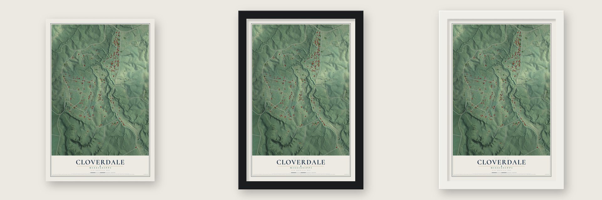 Cloverdale, Mississippi map unframed, in a black wood frame and in a white wood frame
