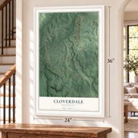 Cloverdale, Mississippi map, 24 x 36 inch print in a white frame by a staircase