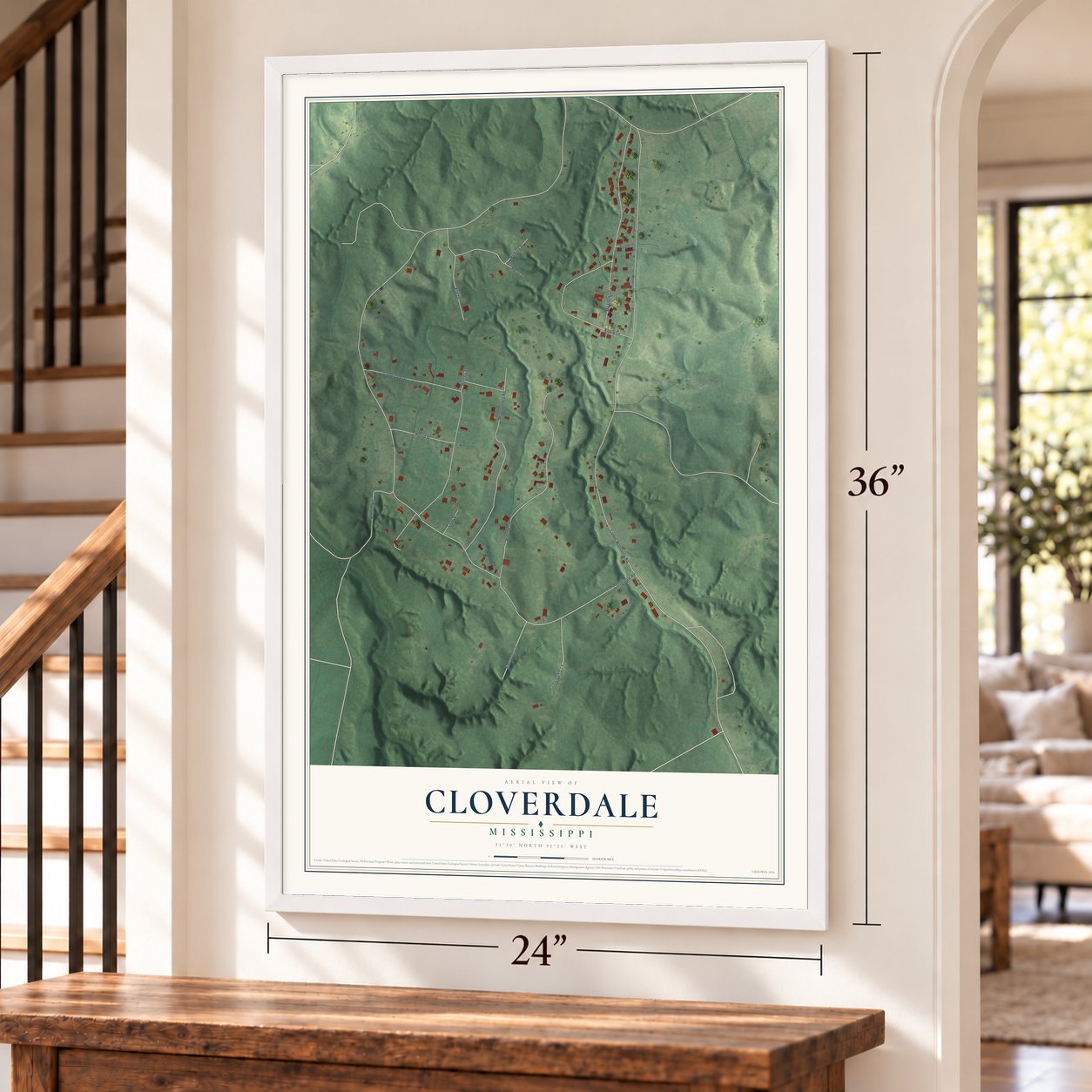Cloverdale, Mississippi map, 24 x 36 inch print in a white frame by a staircase