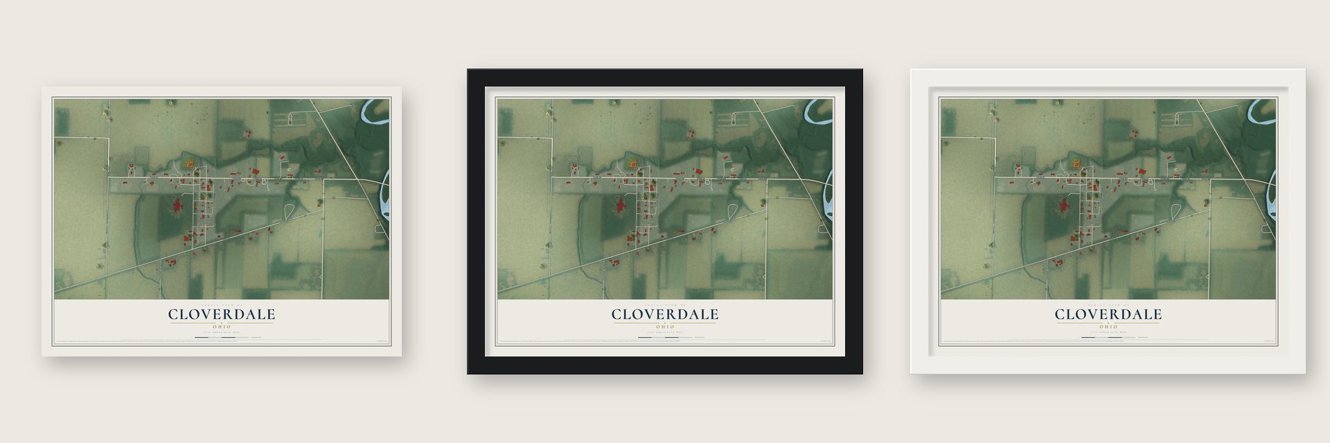 Cloverdale, Ohio map unframed, in a black wood frame and in a white wood frame