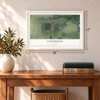 Cloverdale, Ohio map, 12 x 18 inch print in a white frame in an entryway