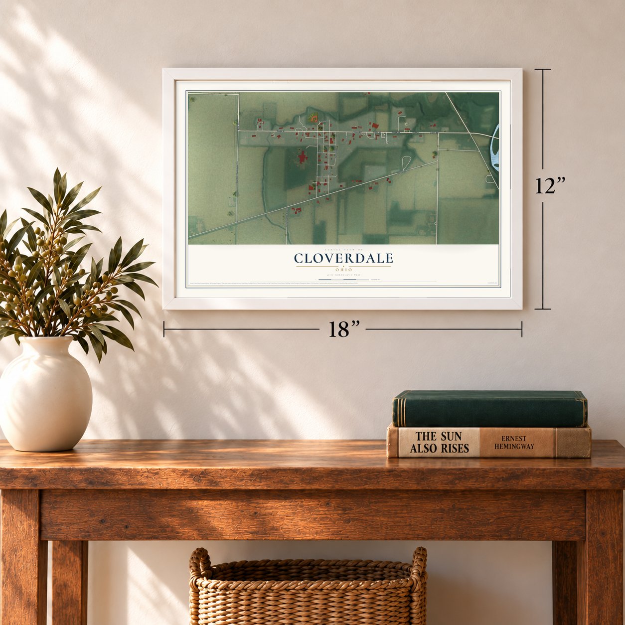 Cloverdale, Ohio map, 12 x 18 inch print in a white frame in an entryway