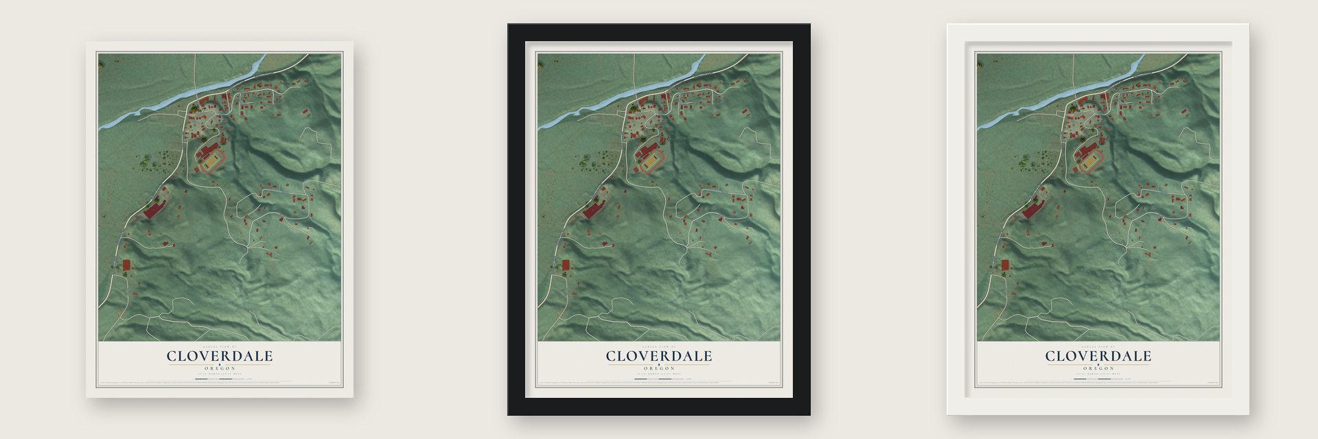 Cloverdale, Oregon map unframed, in a black wood frame and in a white wood frame