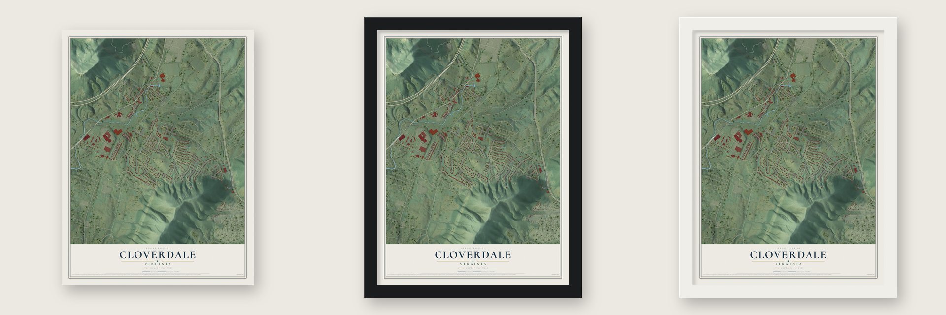 Cloverdale, Virginia map unframed, in a black wood frame and in a white wood frame