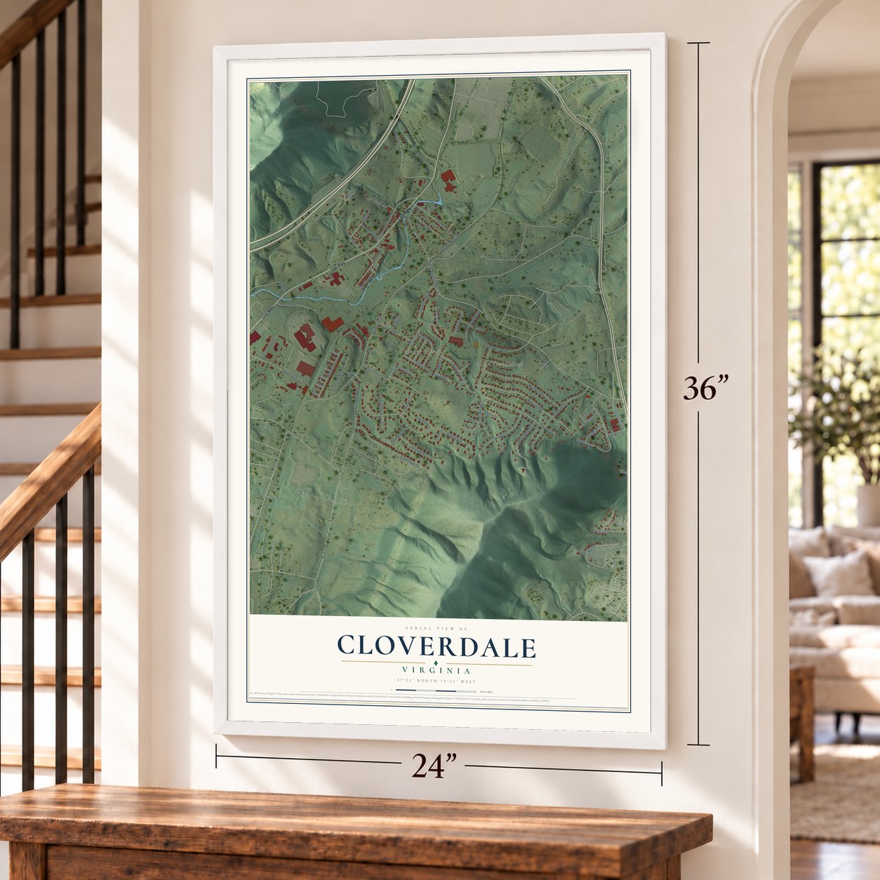 Cloverdale, Virginia map, 24 x 36 inch print in a white frame by a staircase