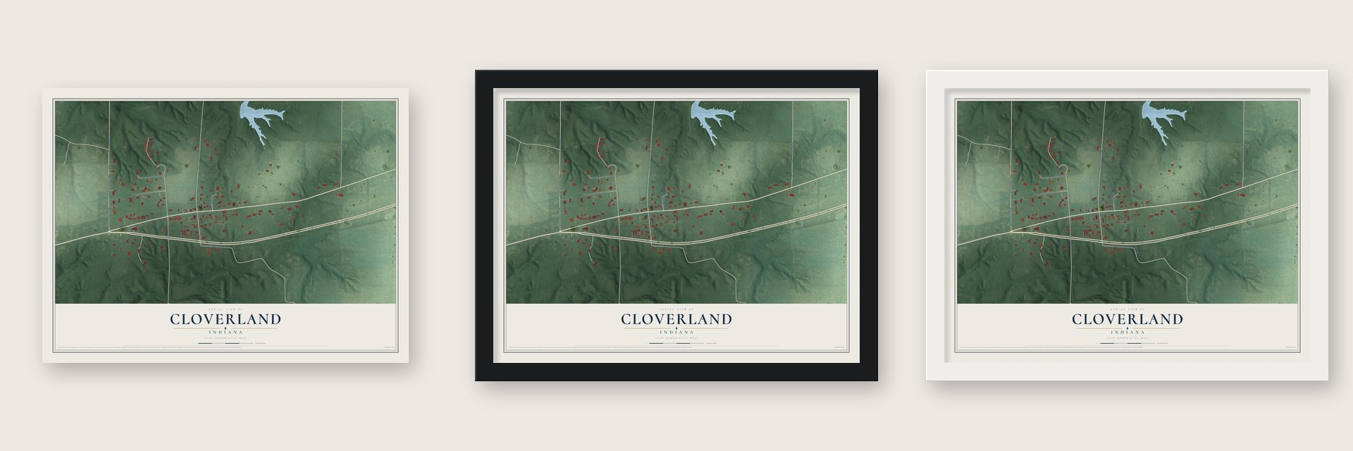 Cloverland, Indiana map unframed, in a black wood frame and in a white wood frame