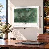 Cloverland, Indiana map, 18 x 24 inch print in a white frame in a home office