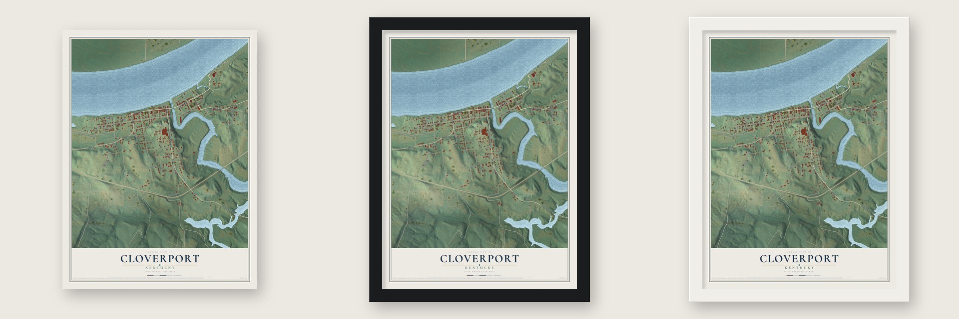 Cloverport, Kentucky map unframed, in a black wood frame and in a white wood frame