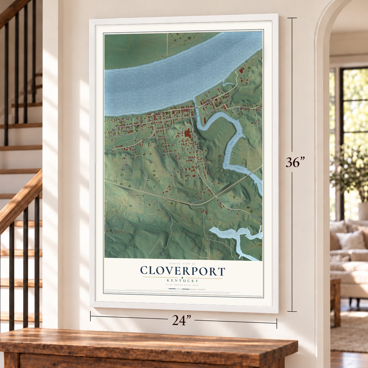 Cloverport, Kentucky map, 24 x 36 inch print in a white frame by a staircase