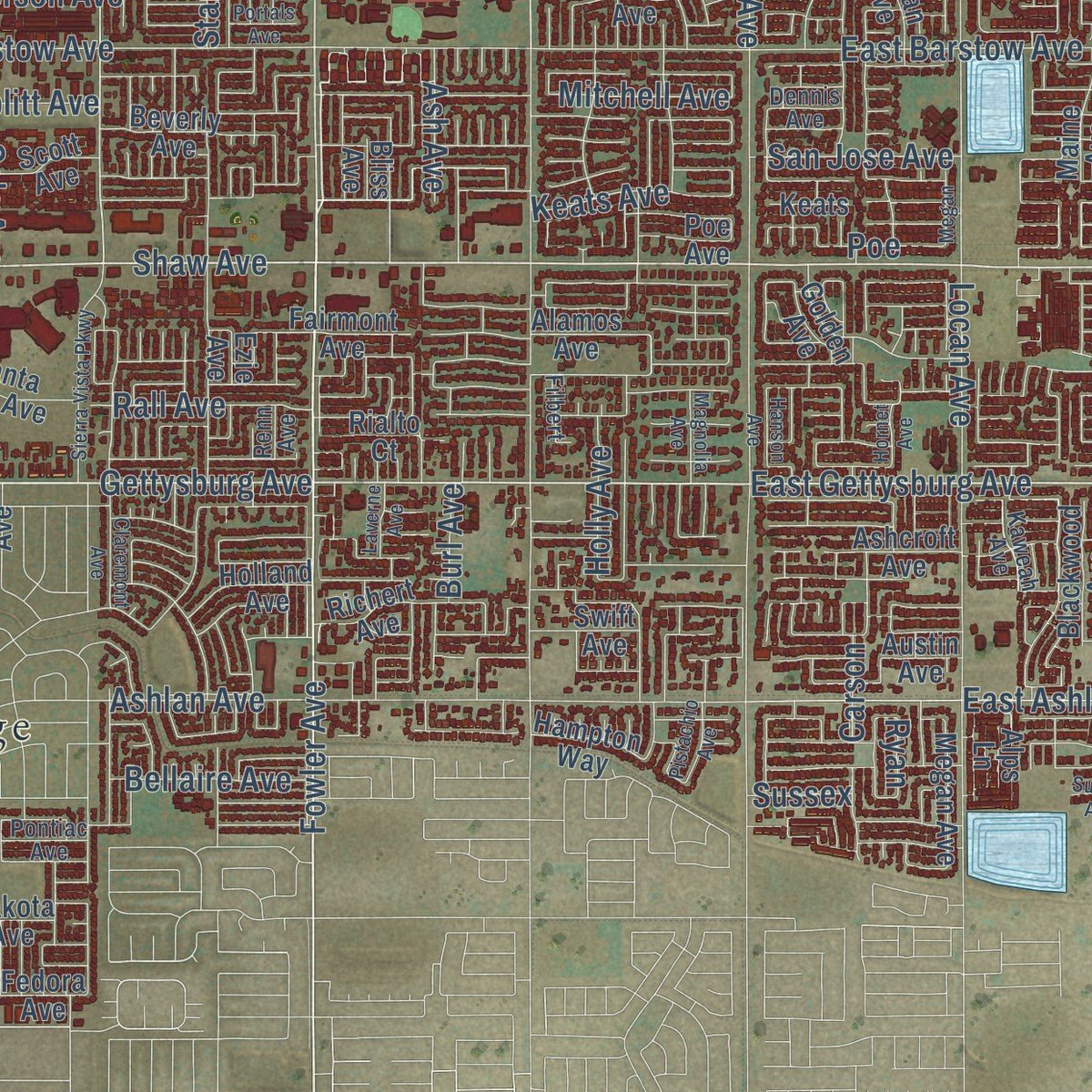 Second close-up of the map of Clovis, California print showing more streets and buildings