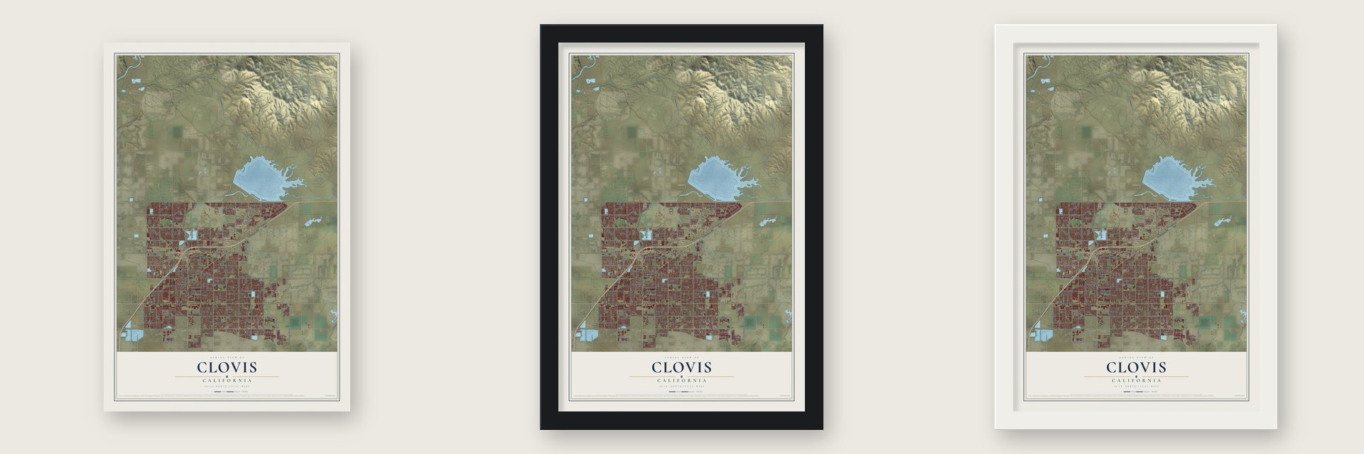 Clovis, California map unframed, in a black wood frame and in a white wood frame