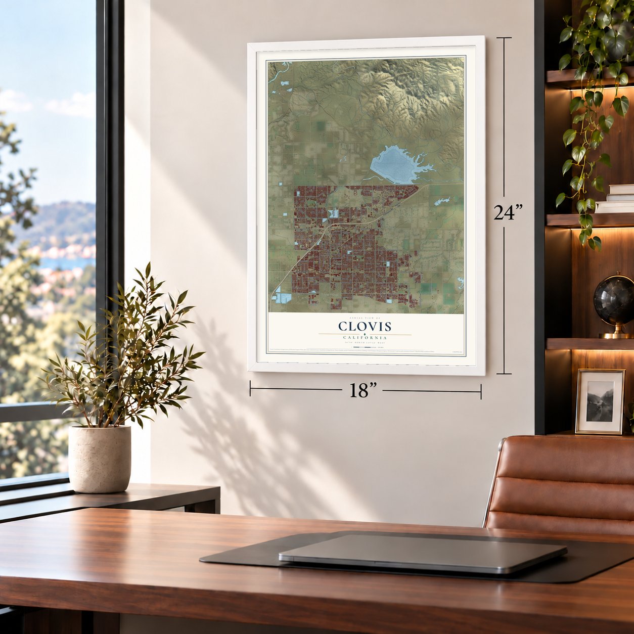 Clovis, California map, 18 x 24 inch print in a white frame in a home office