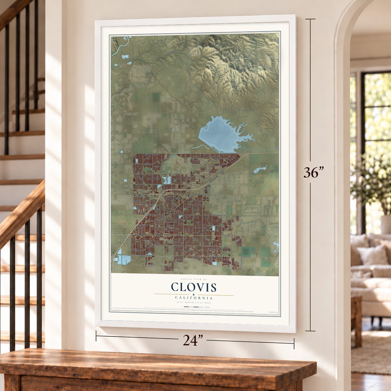 Clovis, California map, 24 x 36 inch print in a white frame by a staircase
