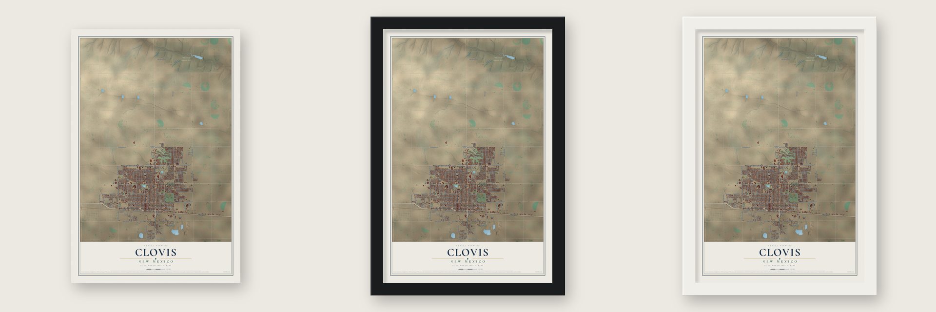 Clovis, New Mexico map unframed, in a black wood frame and in a white wood frame