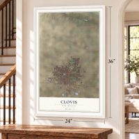 Clovis, New Mexico map, 24 x 36 inch print in a white frame by a staircase