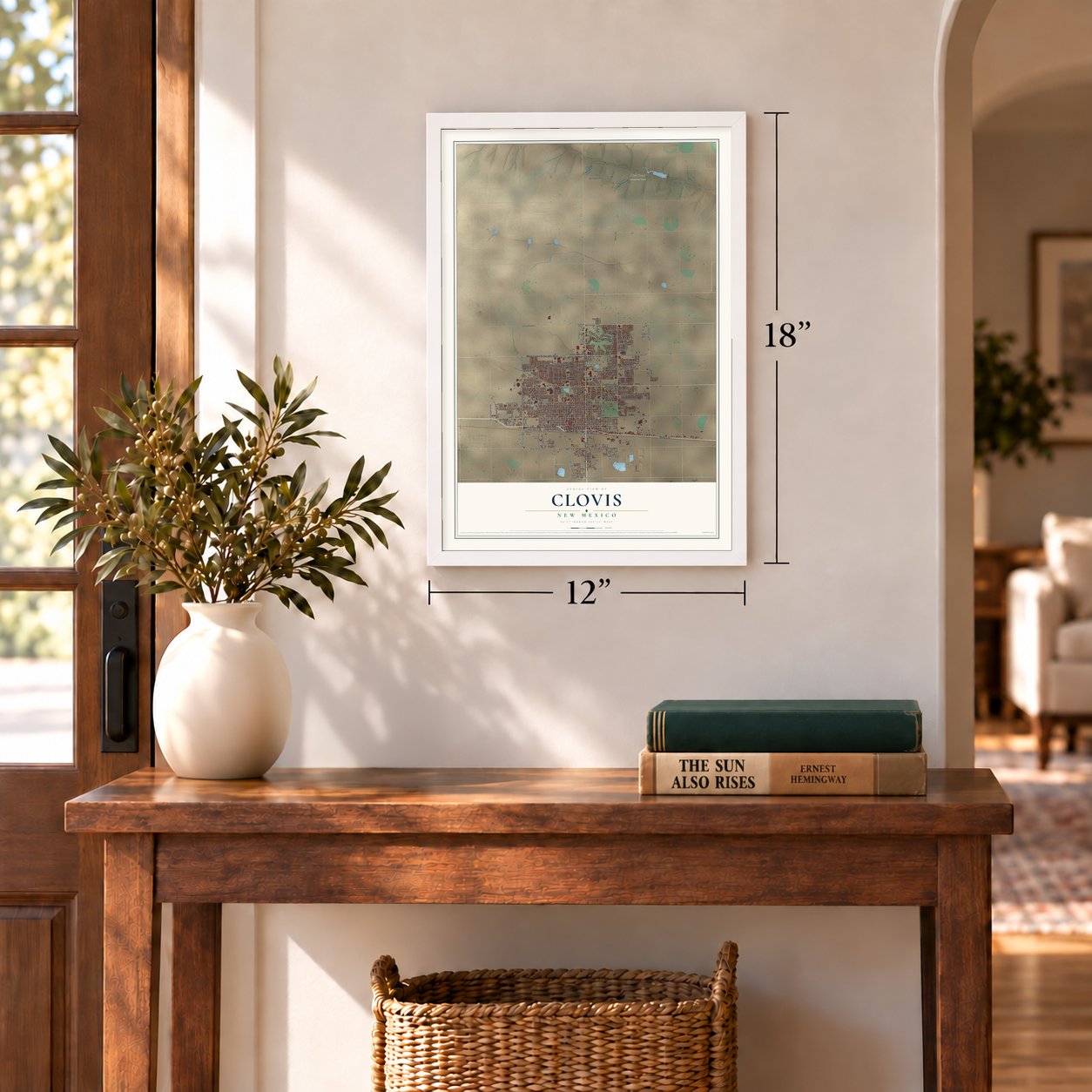 Clovis, New Mexico map, 12 x 18 inch print in a white frame in an entryway