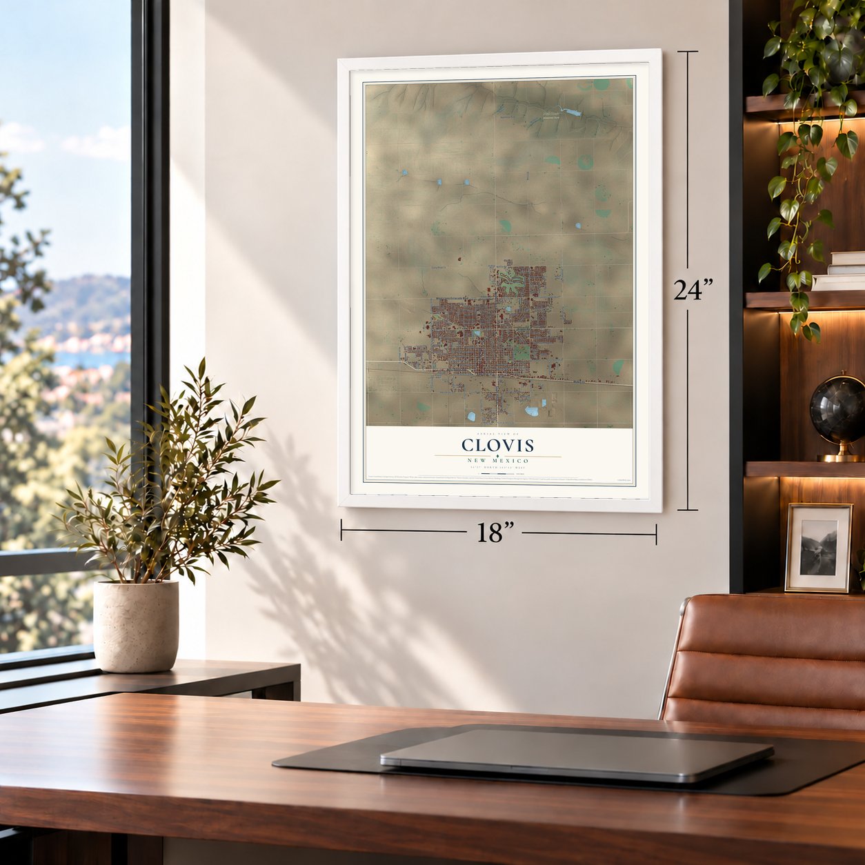 Clovis, New Mexico map, 18 x 24 inch print in a white frame in a home office