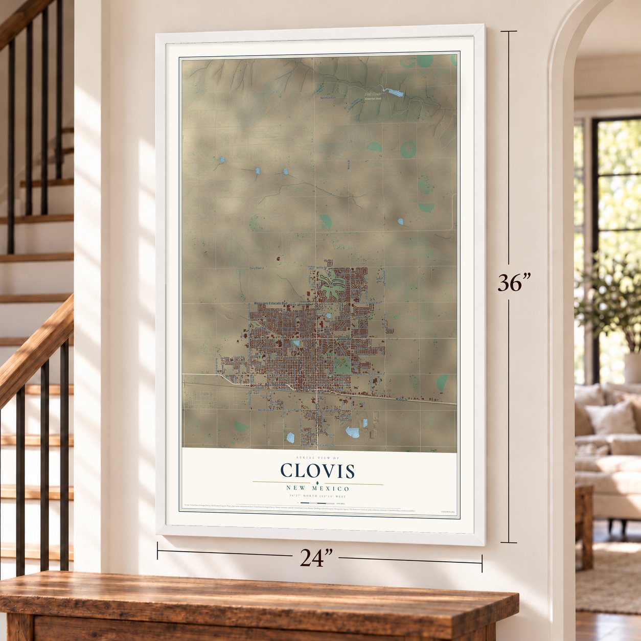 Clovis, New Mexico map, 24 x 36 inch print in a white frame by a staircase