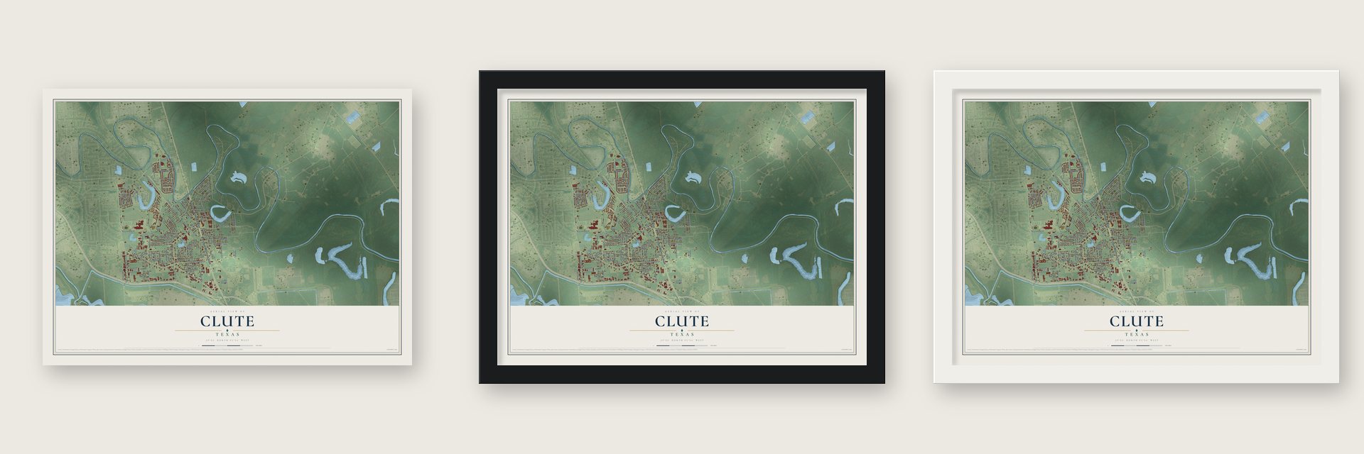 Clute, Texas map unframed, in a black wood frame and in a white wood frame