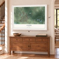 Clute, Texas map, 24 x 36 inch print in a white frame above a dresser by a staircase