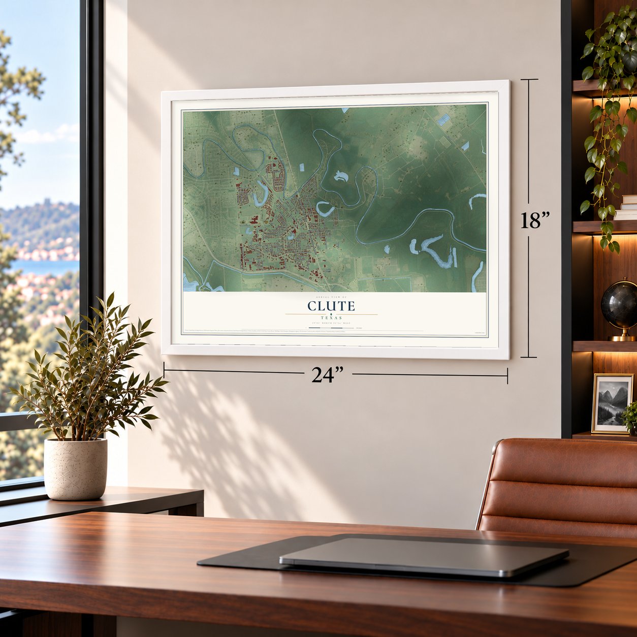 Clute, Texas map, 18 x 24 inch print in a white frame in a home office