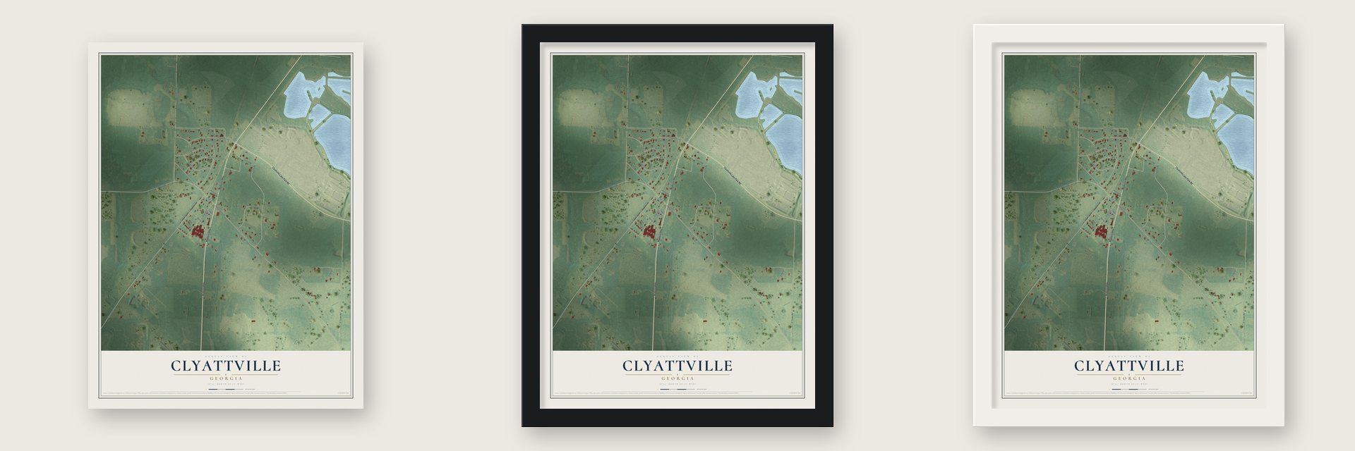 Clyattville, Georgia map unframed, in a black wood frame and in a white wood frame