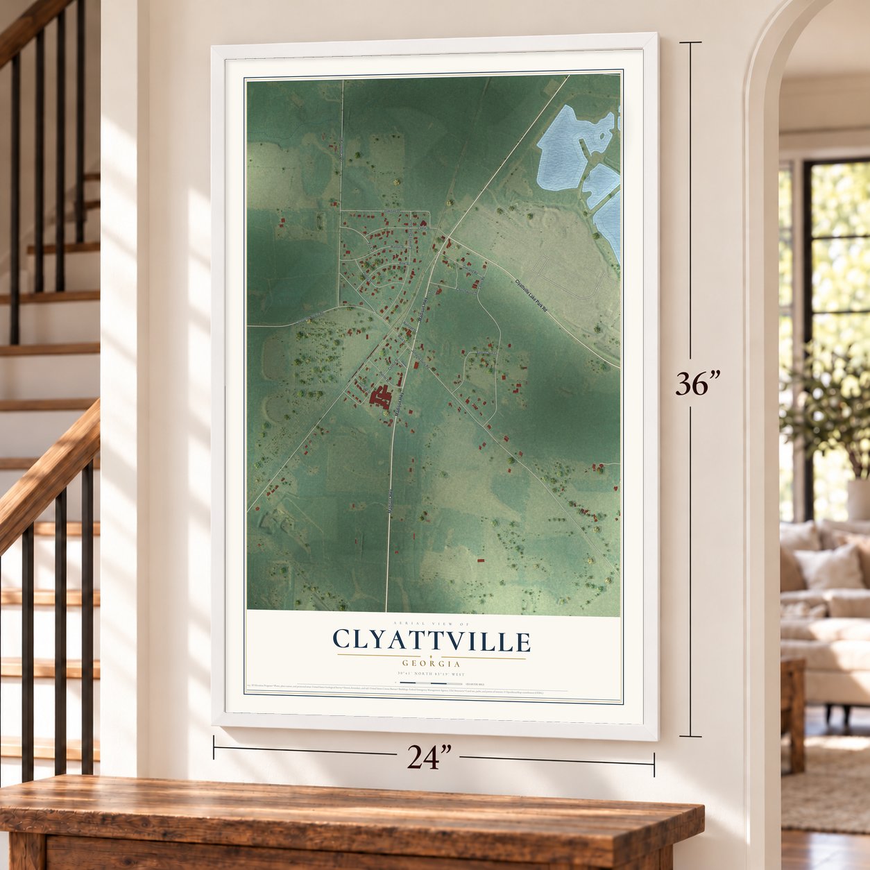 Clyattville, Georgia map, 24 x 36 inch print in a white frame by a staircase
