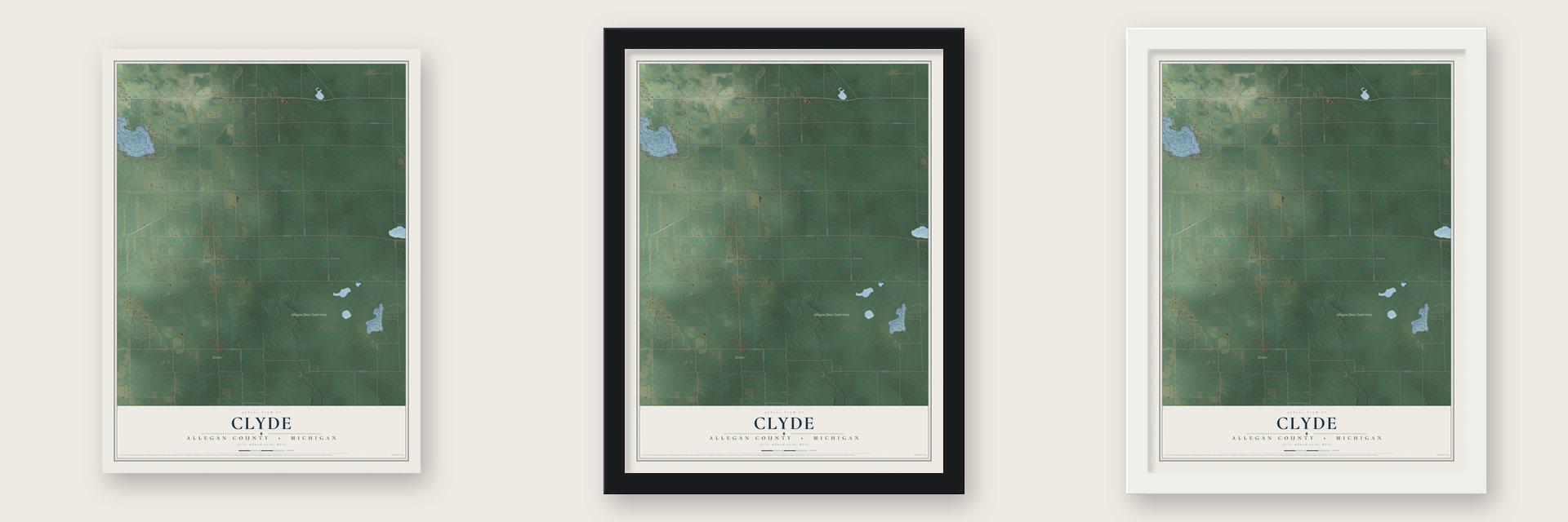 Clyde, Allegan County, Michigan map unframed, in a black wood frame and in a white wood frame