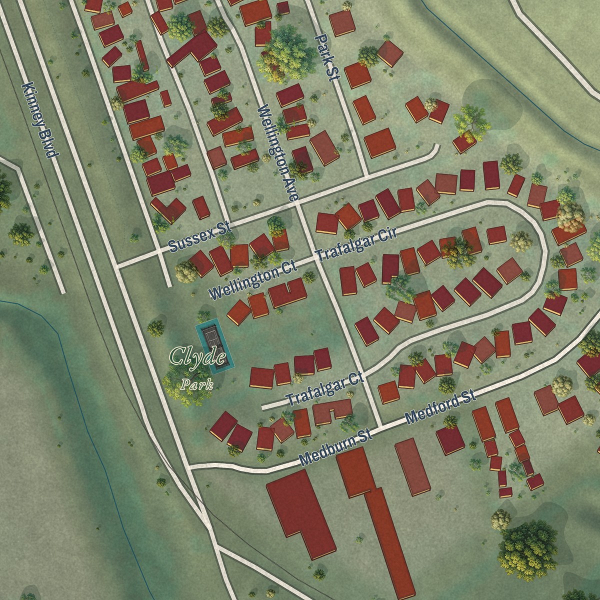 Second close-up of the map of Clyde, California print showing more streets and buildings