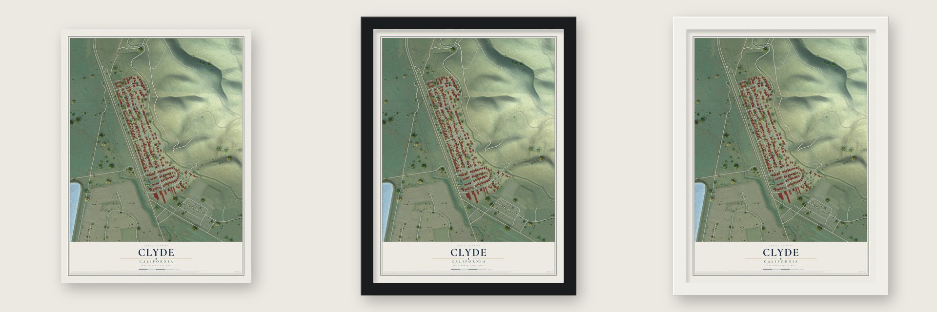 Clyde, California map unframed, in a black wood frame and in a white wood frame