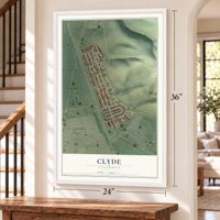 Clyde, California map, 24 x 36 inch print in a white frame by a staircase