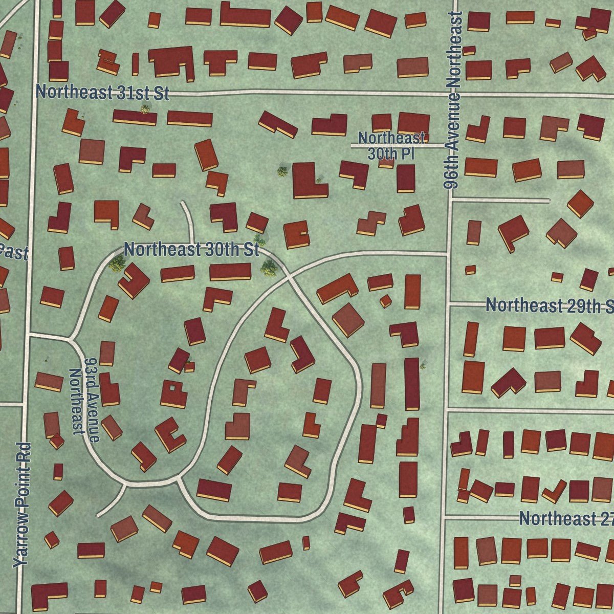 Second close-up of the map of Clyde Hill, Washington print showing more streets and buildings