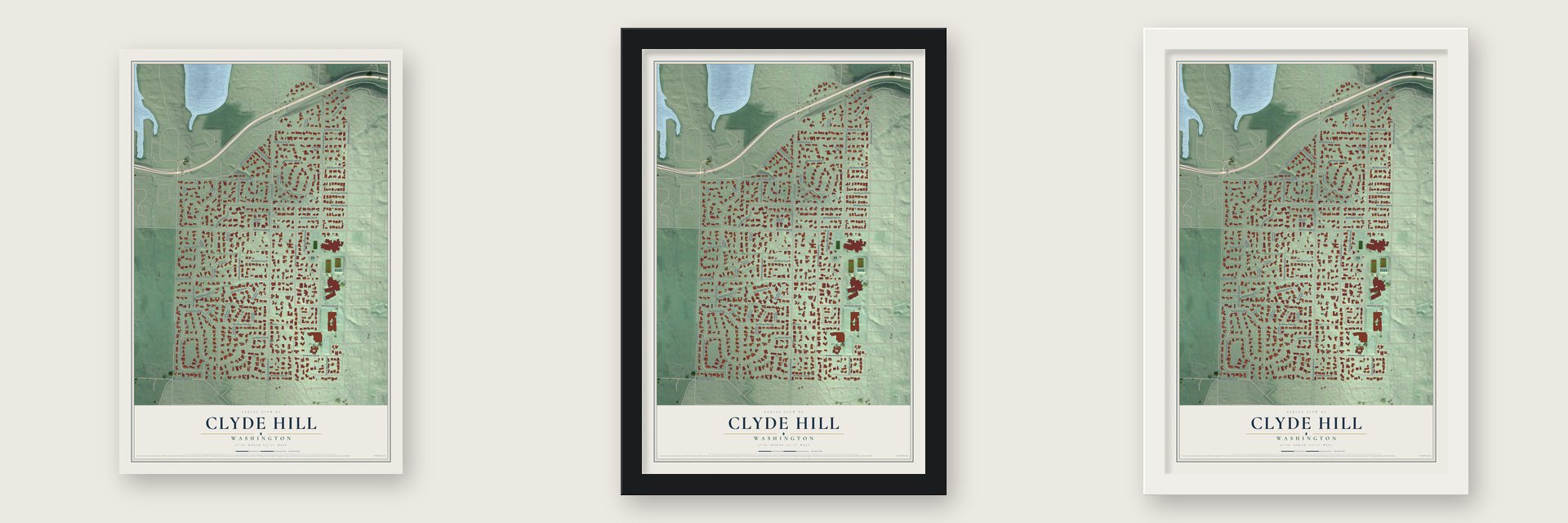 Clyde Hill, Washington map unframed, in a black wood frame and in a white wood frame