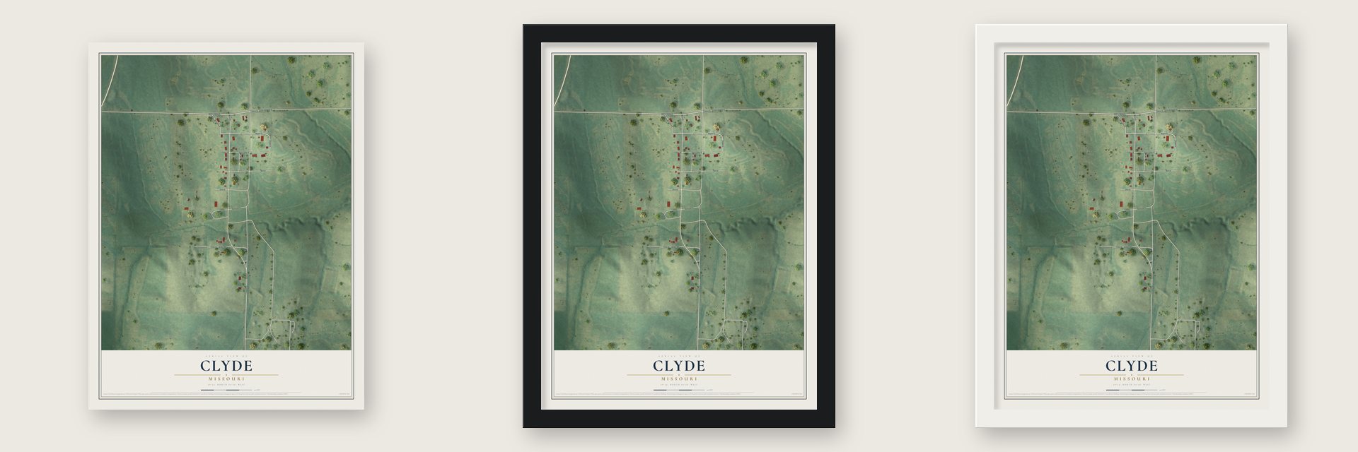 Clyde, Missouri map unframed, in a black wood frame and in a white wood frame