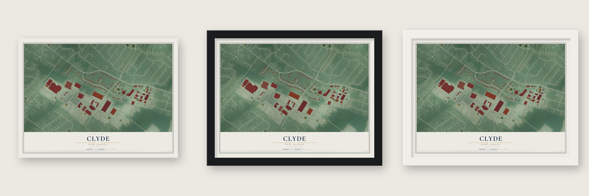 Clyde, New Jersey map unframed, in a black wood frame and in a white wood frame