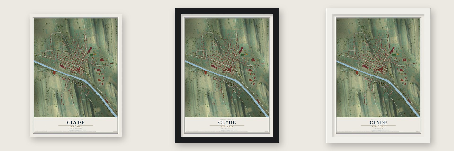 Clyde, New York map unframed, in a black wood frame and in a white wood frame