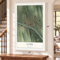 Clyde, New York map, 24 x 36 inch print in a white frame by a staircase