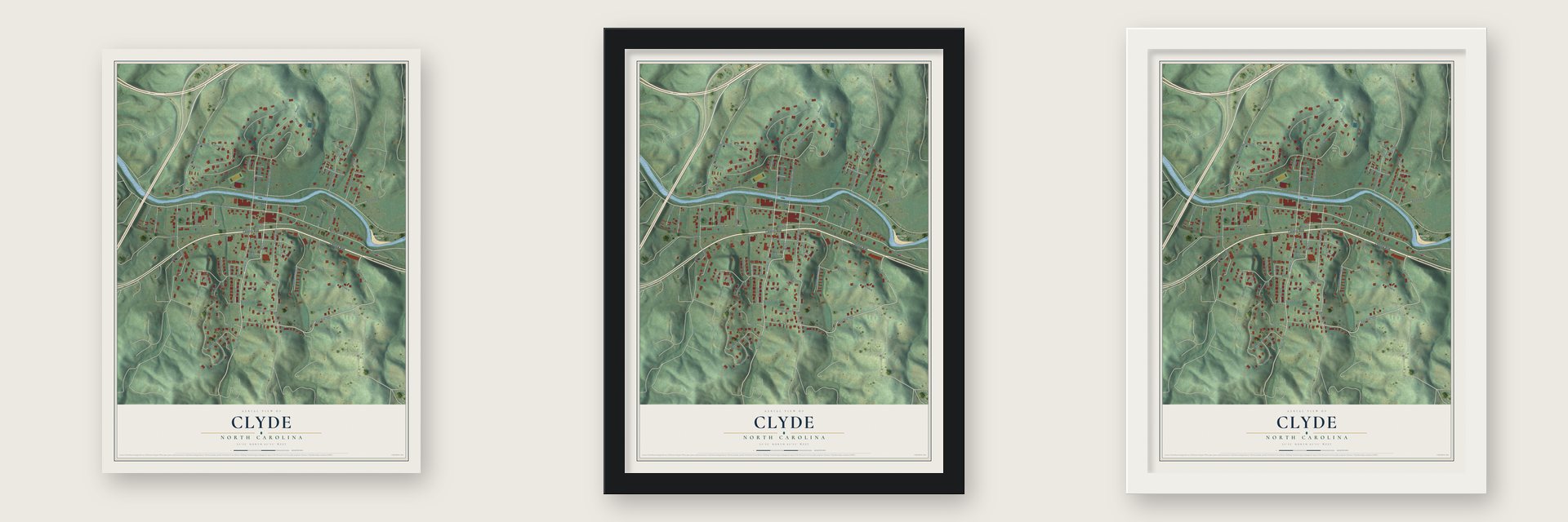 Clyde, North Carolina map unframed, in a black wood frame and in a white wood frame