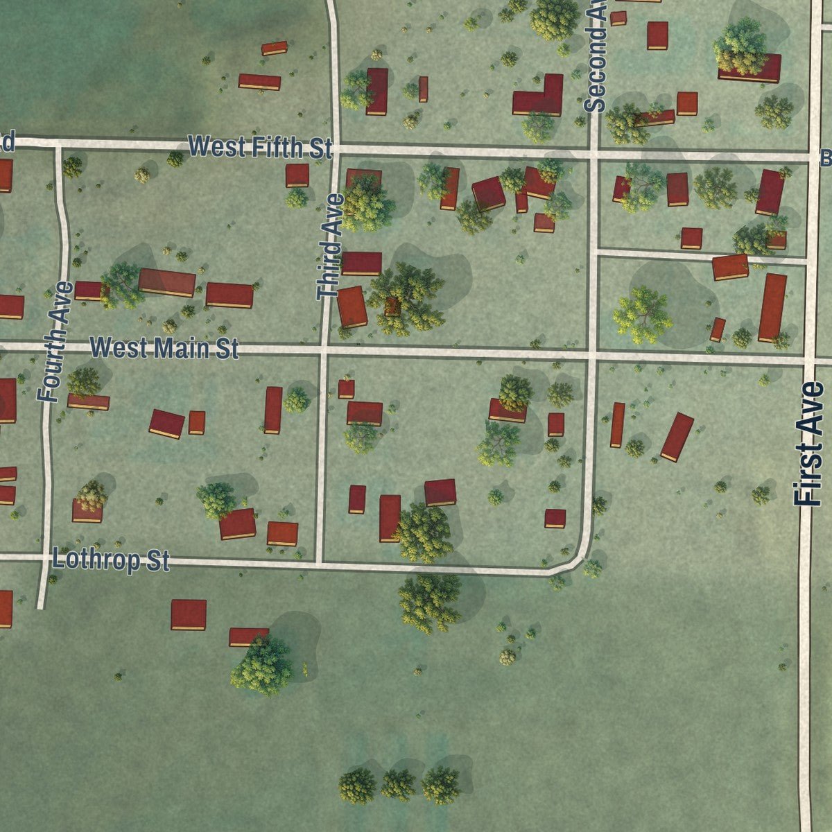 Second close-up of the map of Clyde Park, Montana print showing more streets and buildings