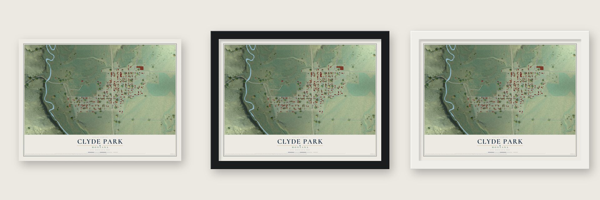Clyde Park, Montana map unframed, in a black wood frame and in a white wood frame