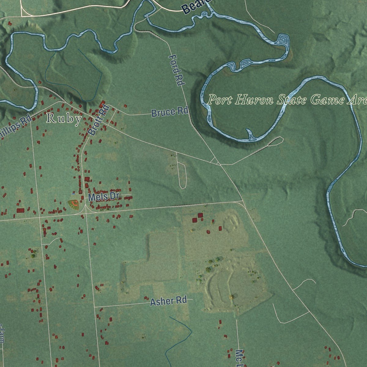 Second close-up of the map of Clyde, St. Clair County, Michigan print showing more streets and buildings