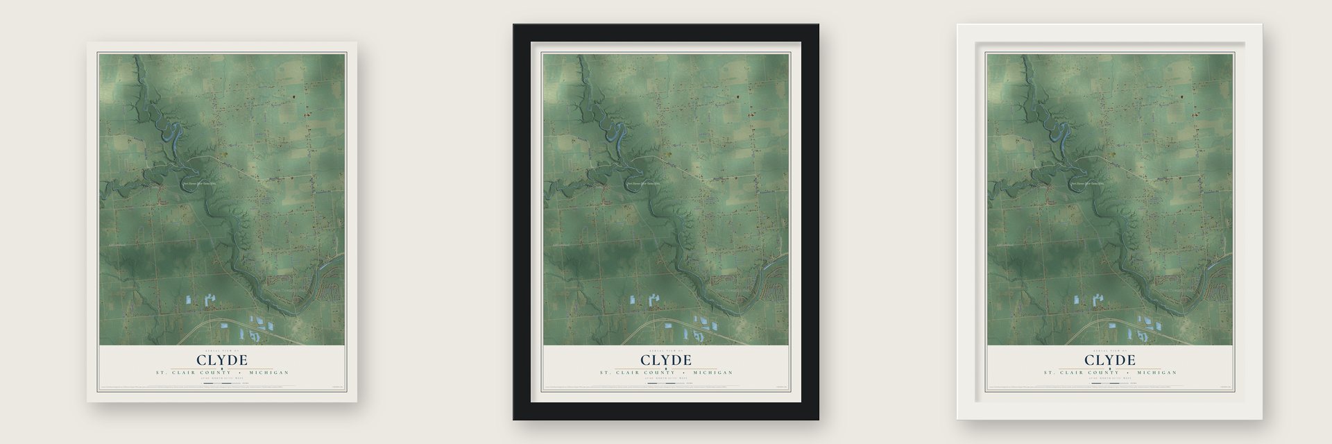 Clyde, St. Clair County, Michigan map unframed, in a black wood frame and in a white wood frame