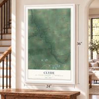Clyde, St. Clair County, Michigan map, 24 x 36 inch print in a white frame by a staircase
