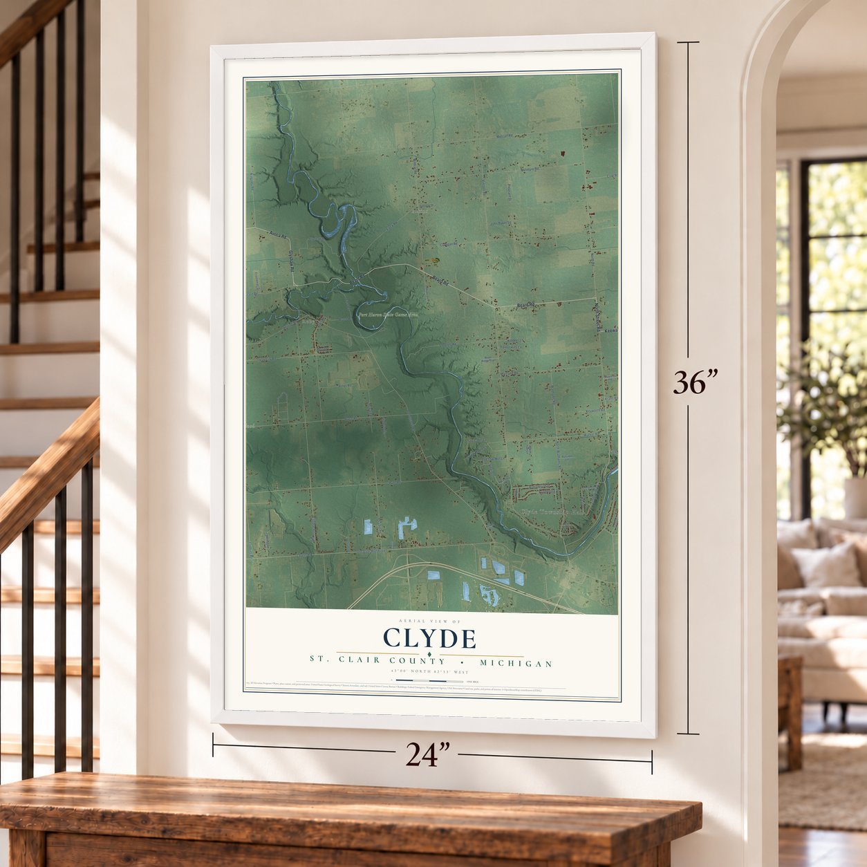Clyde, St. Clair County, Michigan map, 24 x 36 inch print in a white frame by a staircase