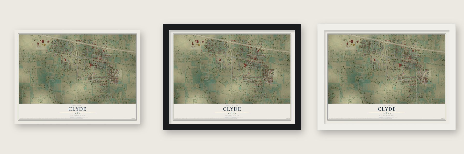Clyde, Texas map unframed, in a black wood frame and in a white wood frame