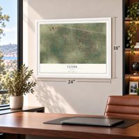 Clyde, Texas map, 18 x 24 inch print in a white frame in a home office
