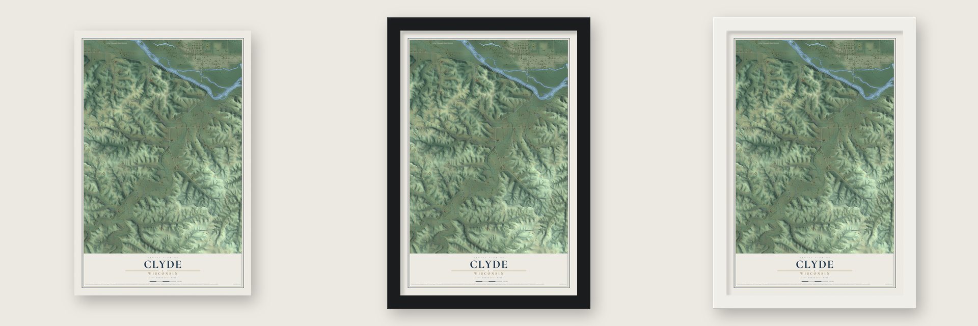 Clyde, Wisconsin map unframed, in a black wood frame and in a white wood frame