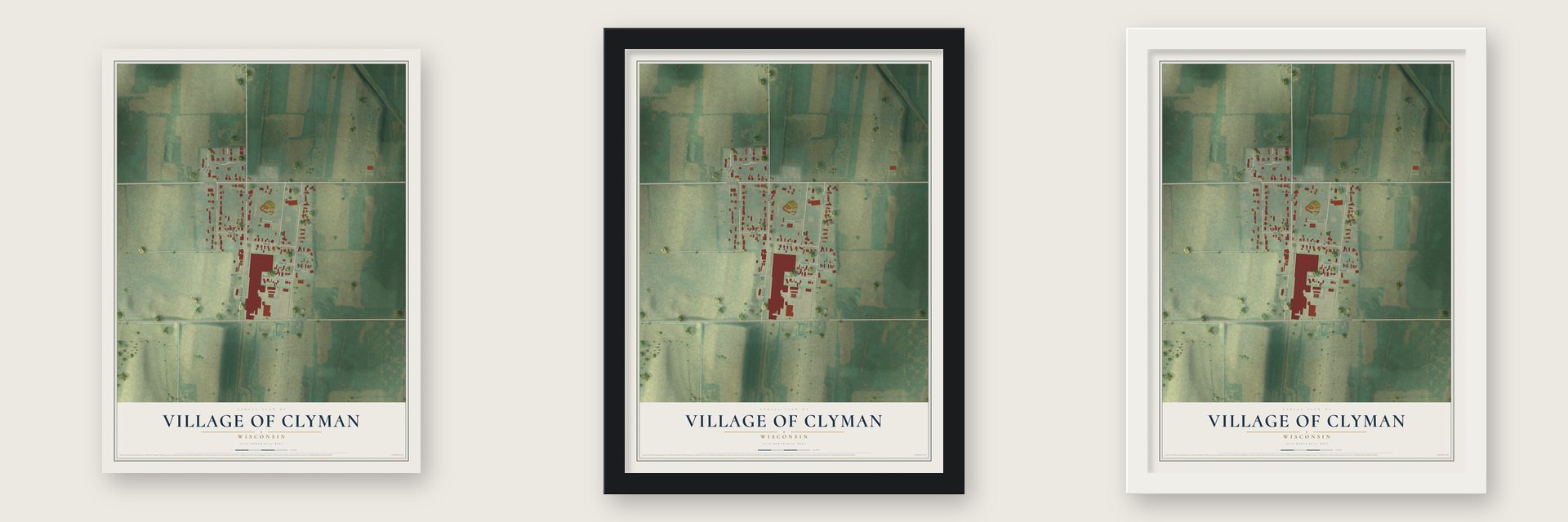 Clyman, Wisconsin map unframed, in a black wood frame and in a white wood frame