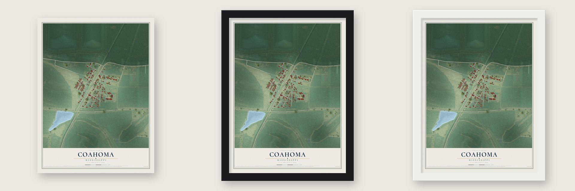 Coahoma, Mississippi map unframed, in a black wood frame and in a white wood frame