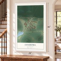 Coahoma, Mississippi map, 24 x 36 inch print in a white frame by a staircase